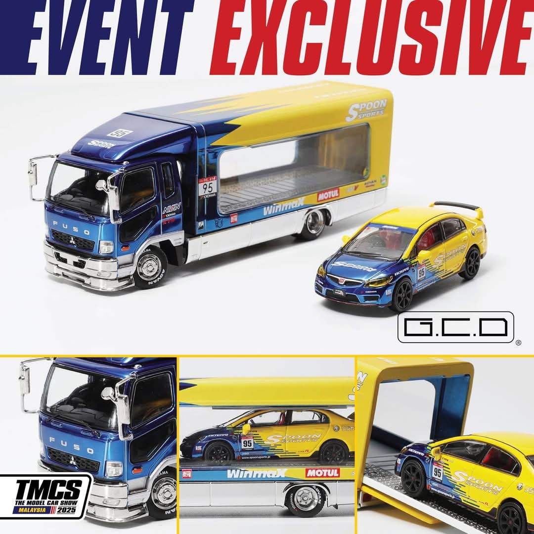 TMCS25 X GCD 1:64 Scale Spoon Mitsubishi Fuso Tow Truck with Honda Civic FD2 Type R