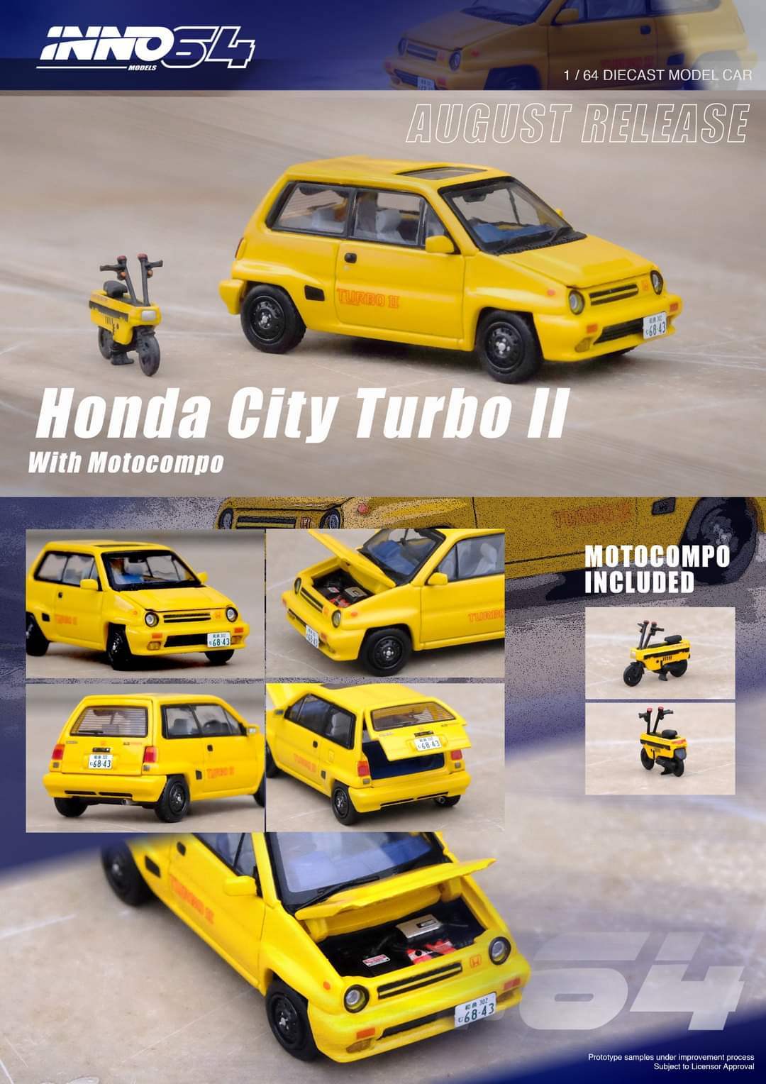 INNO64 1/64 HONDA CITY TURBO II with MOTOCOMPO Yellow