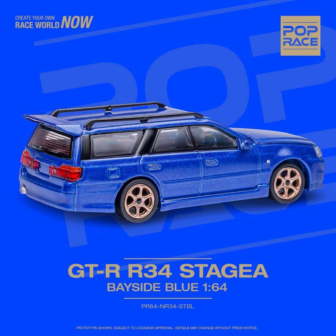 Pop Race 1:64 scale Nissan GT-R R34 Stagea Bayside Blue