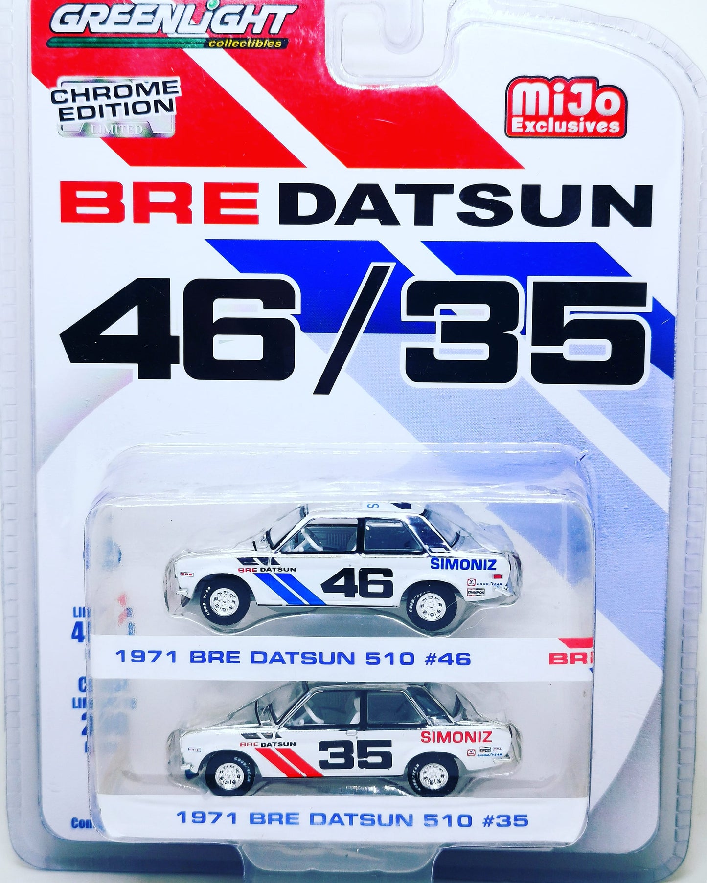 GreenLight
X Mijo Exclusive Chase
Chrome Edition BRE Datsun 510 Bluebird set of Two