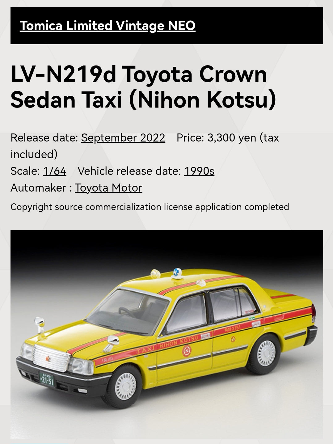 Tomica Limited Vintage Neo LV-N219d Toyota Crown Sedan Taxi (Nihon Kotsu)