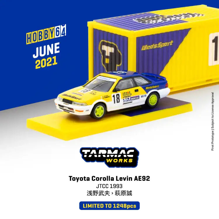 Tarmac Works 1:64 Scale Toyota Corolla Levin AE92 JTCC 1993 浅野武夫/萩原誠 With Container