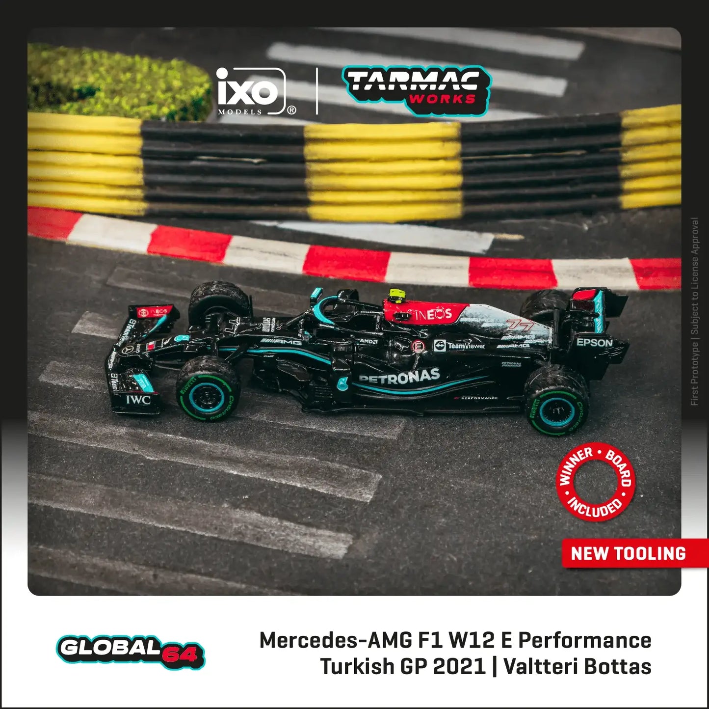 Tarmac Works 1:64 Scale Mercedes-AMG F1 W12 EQ Performance Turkish Grand Prix 2021 Winner Valtteri Bottas