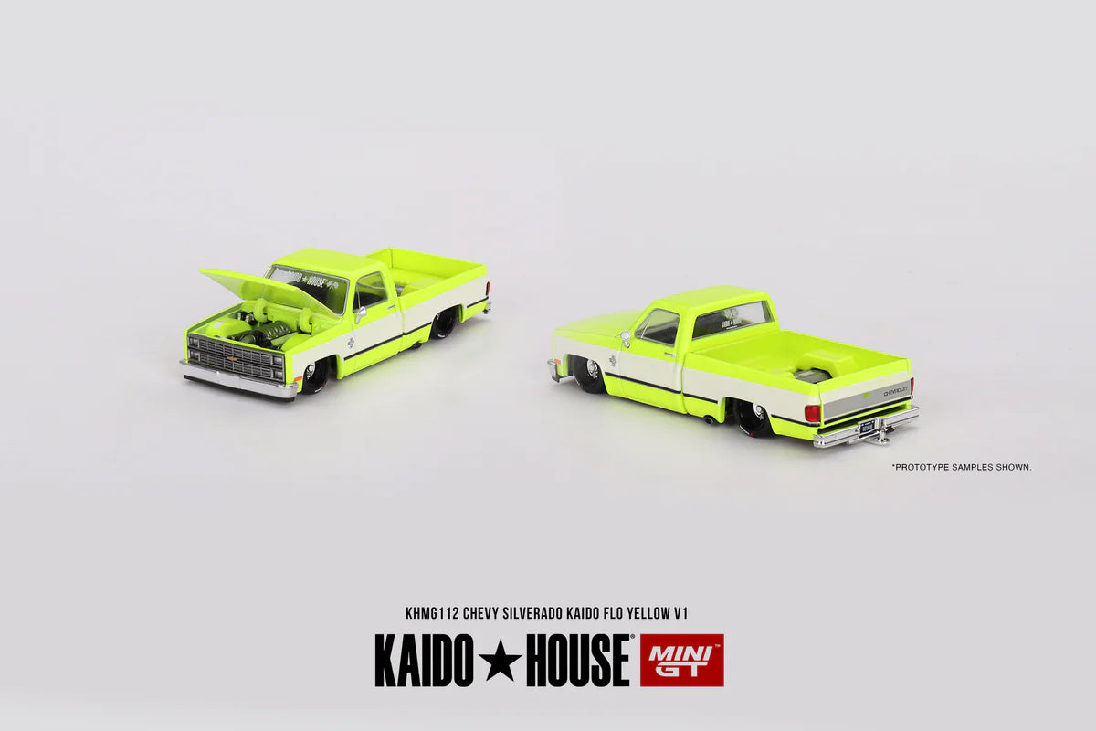 Mini GT x Kaido House #112 Chevrolet Silverado KAIDO Flo Yellow v1