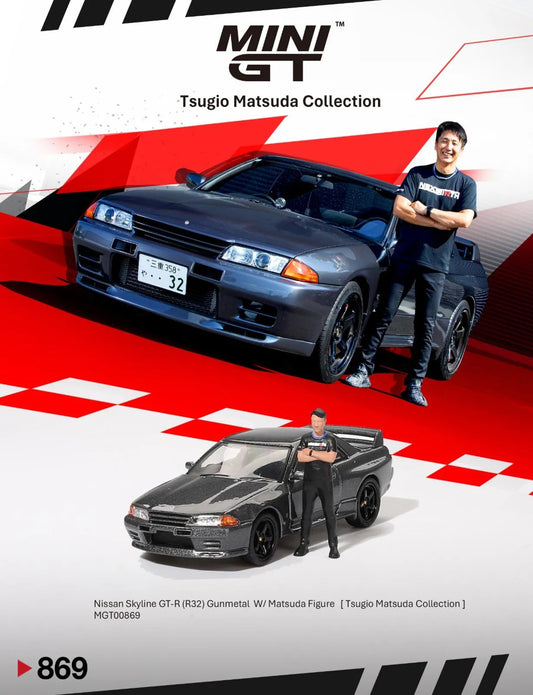 Mini GT #869 1:64 Scale Nissan Skyline GT-R (R32) Nismo Gunmetal W/ Matsuda Figure Tsugio Matsuda Collection