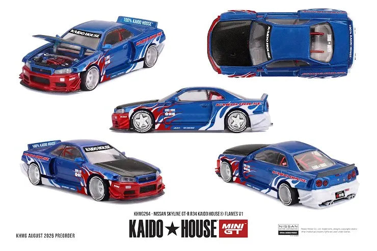 Kaido House x Mini GT #294 Nissan Skyline GT-R R34 Kaido House Flames V1