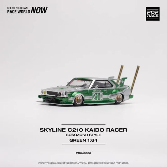 Pop Race 1/64 Nissan Skyline (C210) Kaido Racer Bosozuko Style Silver/ Green