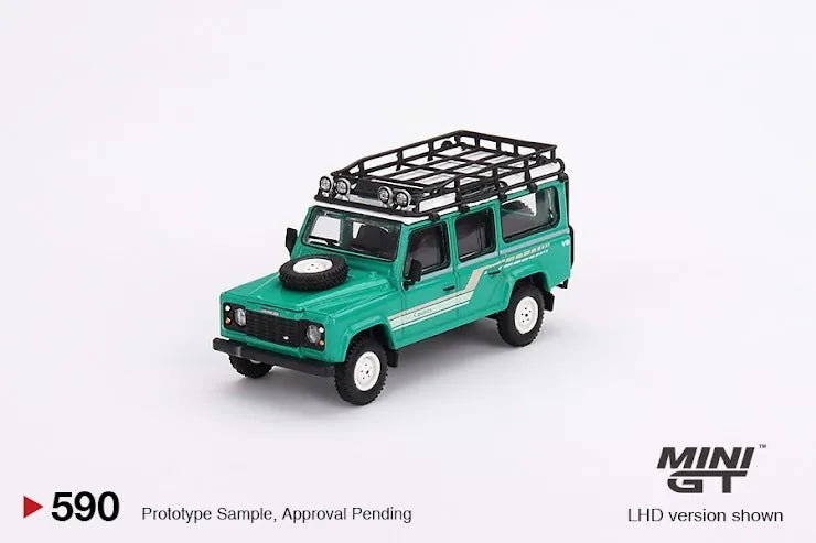 Mini GT #590 Land Rover Defender 110 1985 County Station Wagon Trident Green