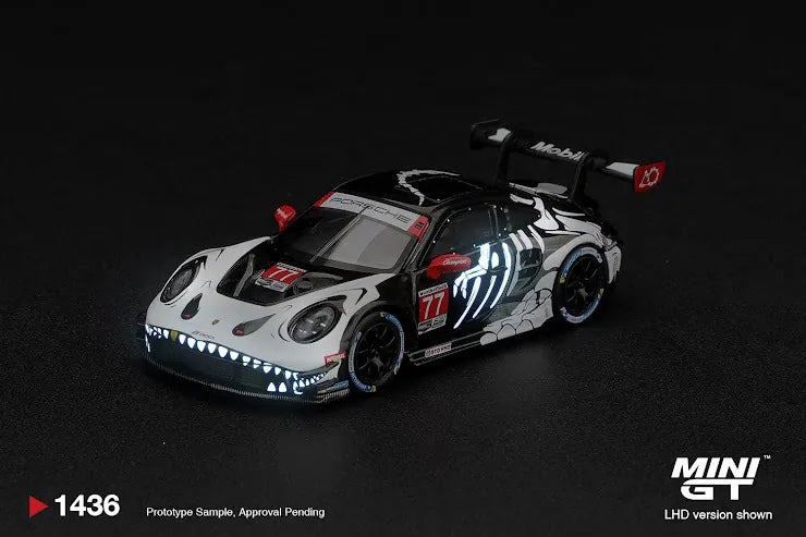 Mini GT 1436 Porsche 911 GT3 R 992 number 77 AO Racing Skeleton Rexy black white 2026 IMSA Petit Le Mans prototype