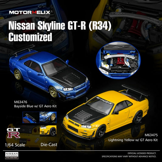 Motor Helix Nissan Skyline GT-R (R34) Customized Bayside Blue / Lightning Yellow with GT Aero Kit