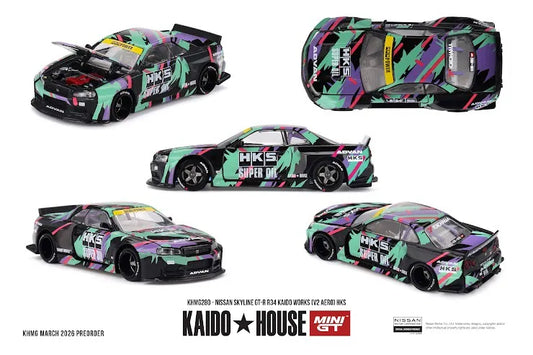 Mini GT x Kaido House #280 Nissan Skyline GT-R R34 Kaido Works (V2 Aero) HKS