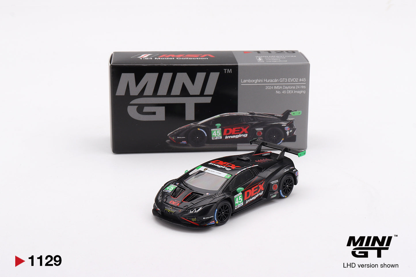 Mini GT #1129 Lamborghini Huracán GT3 EVO2 #45 2024 IMSA Daytona 24 Hrs DEX Imaging