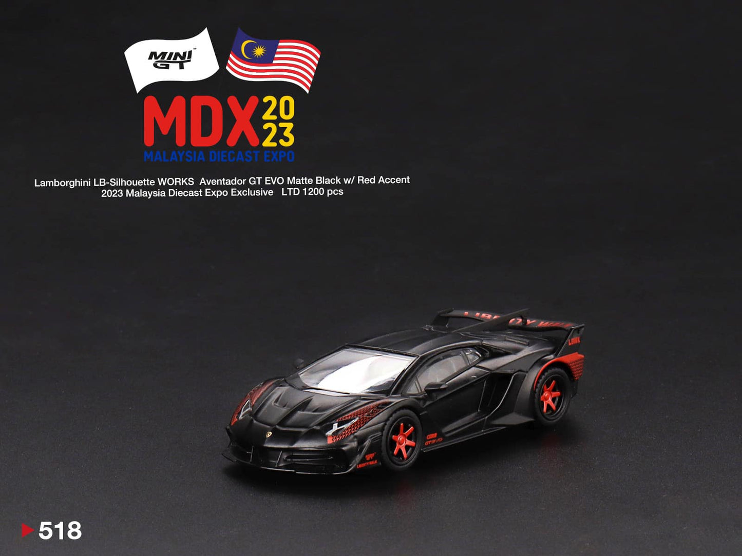 MINI GT MDX23 Exclusive #518 Lamborghini LB-Silhouette WORKS Aventador GT EVO Matte Black w/ Red