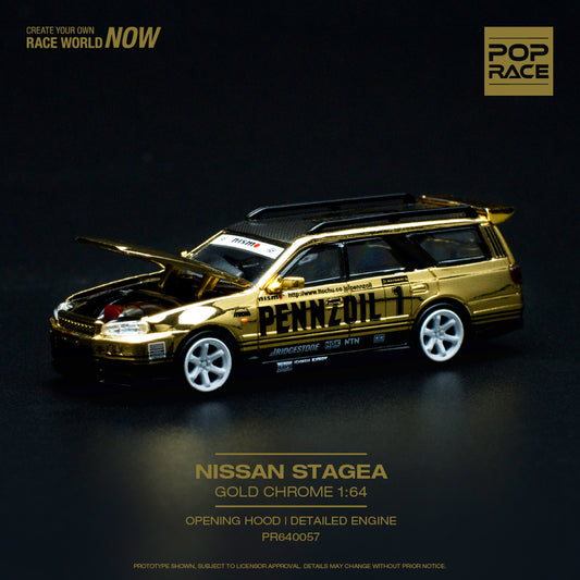 Pop Race 1:64 scale Nissan GT-R R34 STAGEA PENNZOIL Gold Chrome