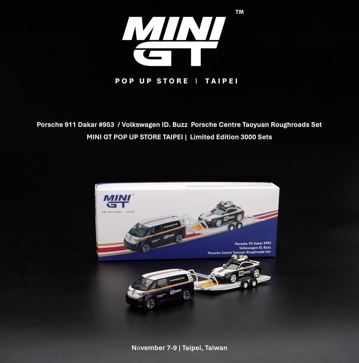 Mini GT #0020 Porsche 911 Dakar #953 / Volkswagen ID. Buzz Porsche Centre Taoyuan Roughroads Set