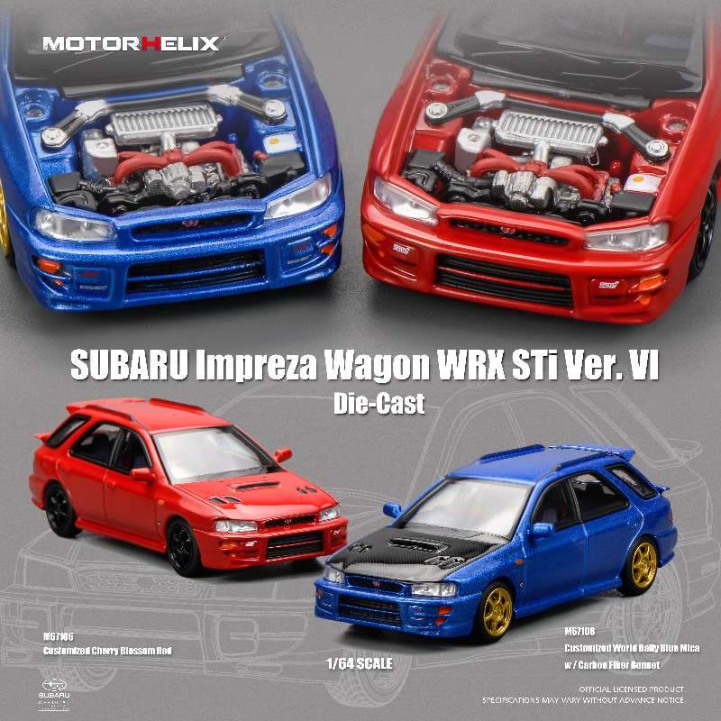 MotorHelix 1:64 Scale Subaru Impreza Wagon WRX STi Ver. VI Customized Cherry Blossom Red / World Rally Blue Mica