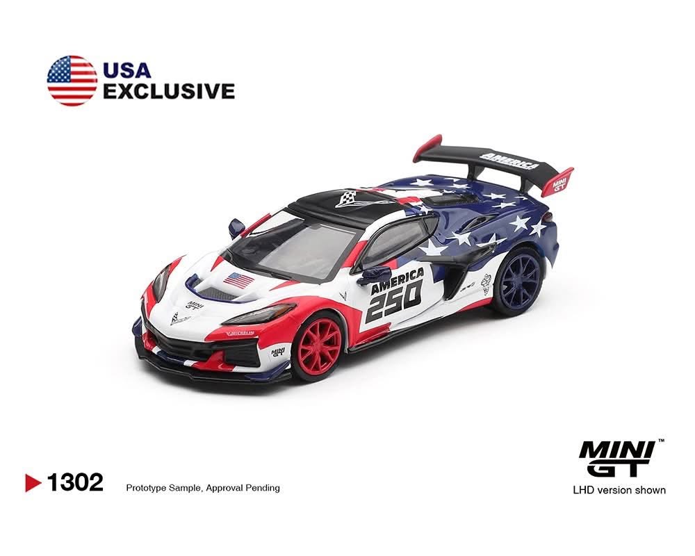 Mini GT #1301 Ford Mustang GTD America 250 USA & #1302 Chevrolet Corvette ZR1 "America 250" 2-Car Set (MiJo Exclusives)
