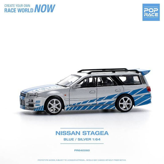 Pop Race 1:64 scale Nissan GT-R R34 STAGEA (Blue & Silver)