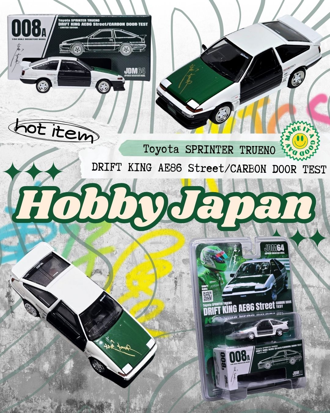 Model toy car of Toyota Sprinter Trueno with packaging and branding elements on a colorful background.