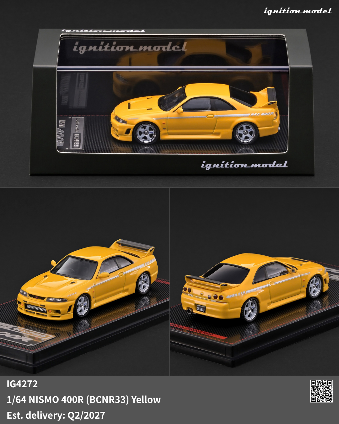 Ignition Model IG4272 NISMO 400R BCNR33 Yellow 1:64 model with display case