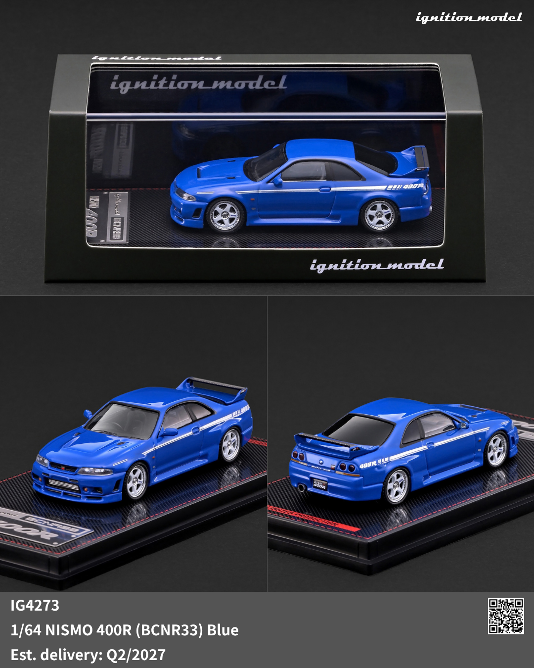 Ignition Model IG4273 NISMO 400R BCNR33 Blue 1:64 scale model with display case