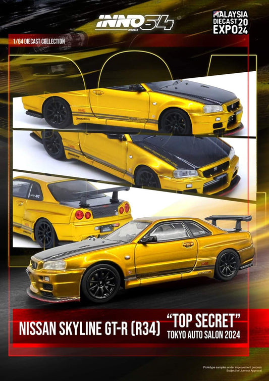 Inno64 Top Secret Nissan Skyline GT-R R34 Gold w/ carbon fibre hood MDX 2024 Exclusive