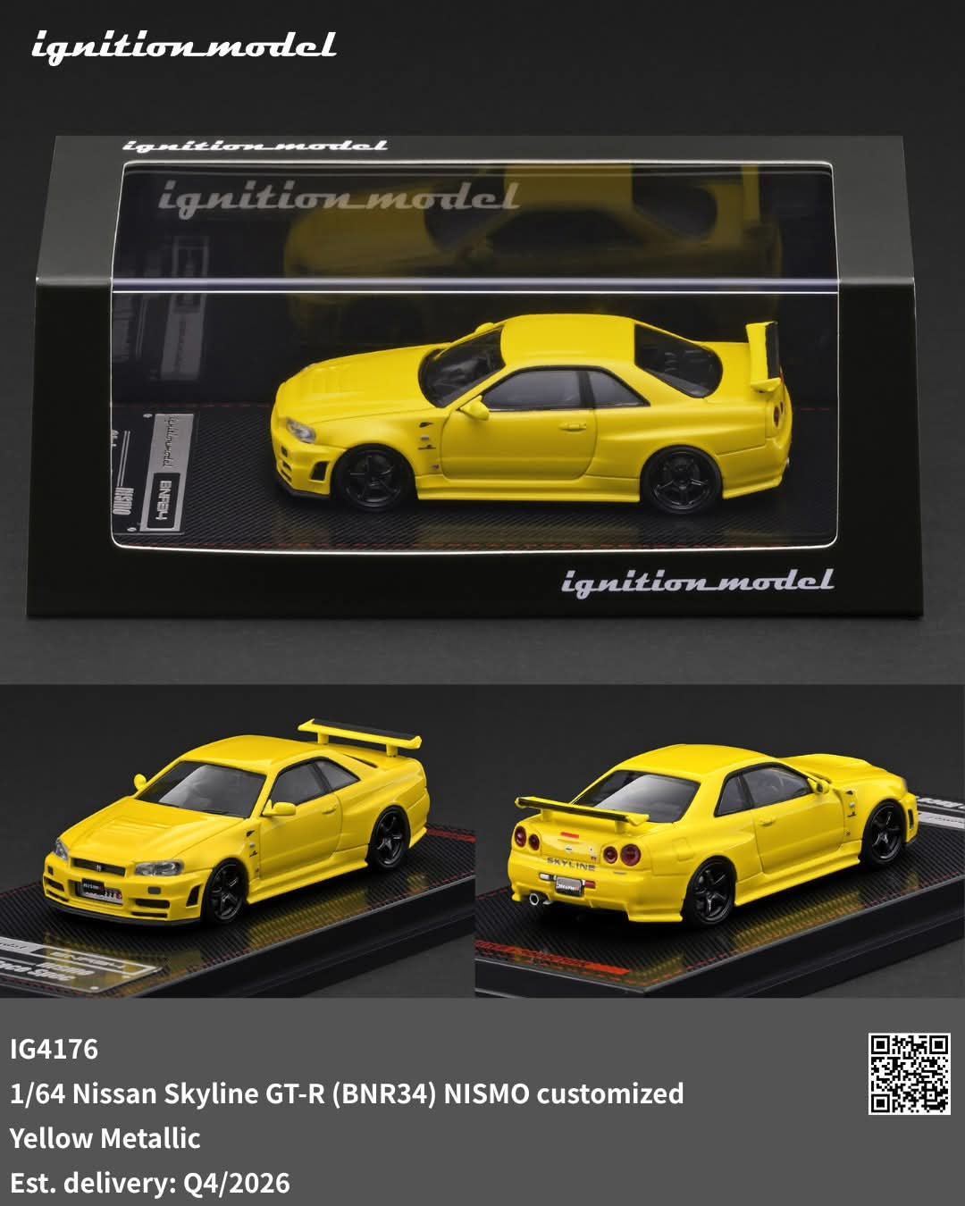 Ignition Model 1:64 Scale Nissan Skyline GT-R (BNR34) NISMO Customized Yellow Metallic