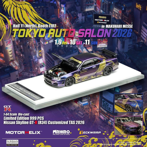 Motorhelix 1:64 Scale Nissan Skyline GT-R (R34) Japanese Wave Design Tokyo Auto Salon 2026 Exclusive