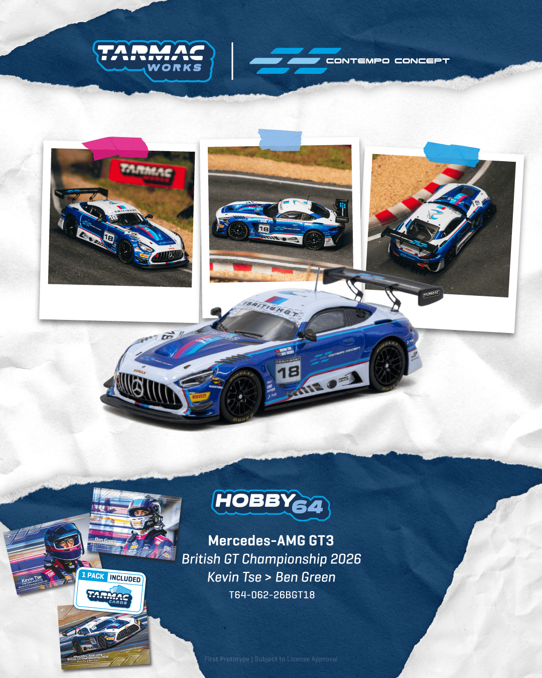 Tarmac Works Hobby64 Mercedes-AMG GT3 British GT Championship 2026 Kevin Tse Ben Green 1:64 model with trading cards