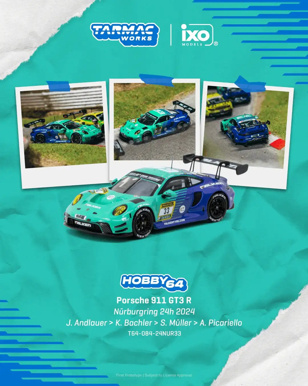 Tarmac Works T64-084-24NUR33 Porsche 911 GT3 R Nürburgring 24h 2024 #33 Falken-Tarmac Works-1:64-Mobile Garage HK