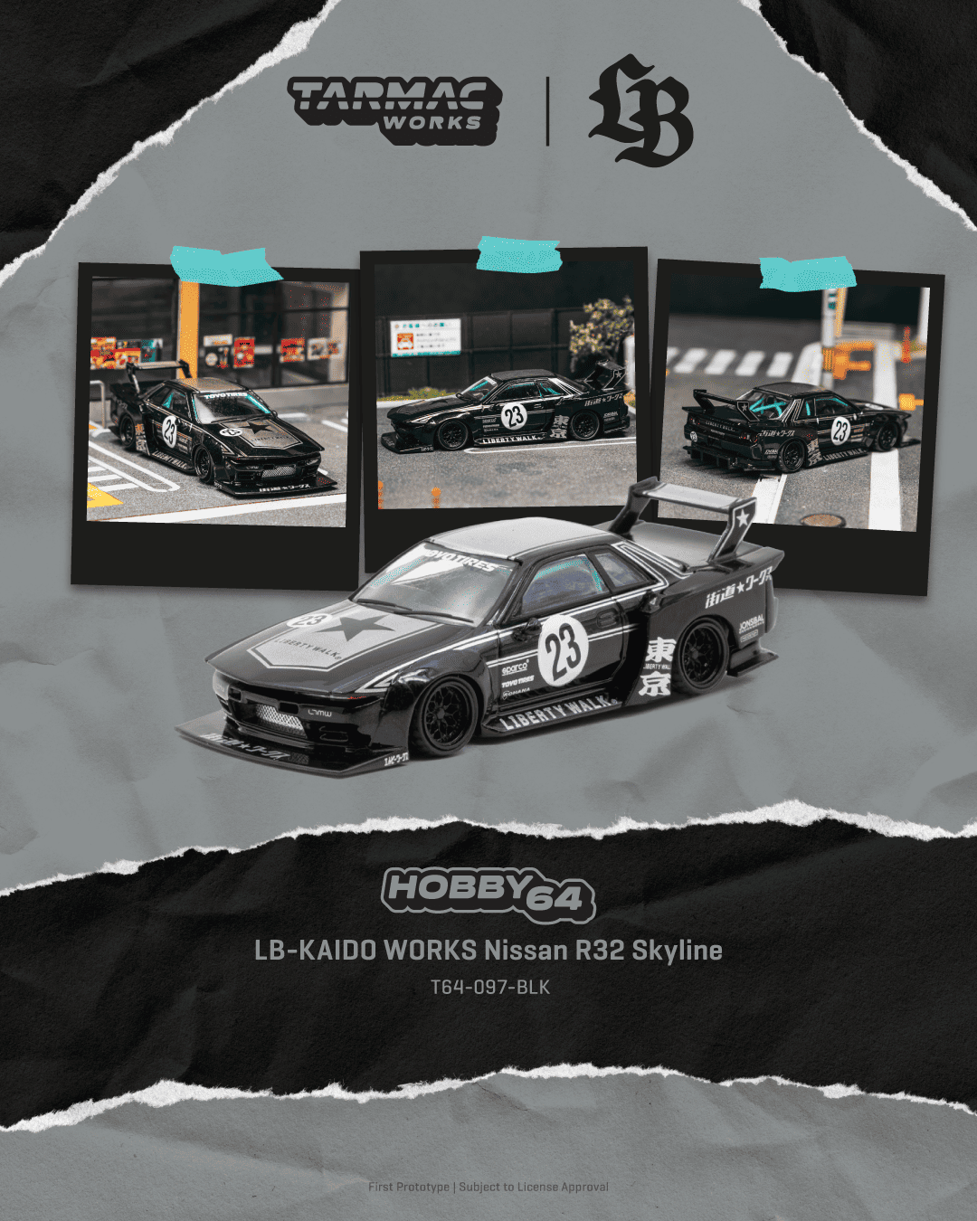Tarmac Works T64-097-BLK LB-KAIDO WORKS Nissan Skyline GT-R R32 Black
