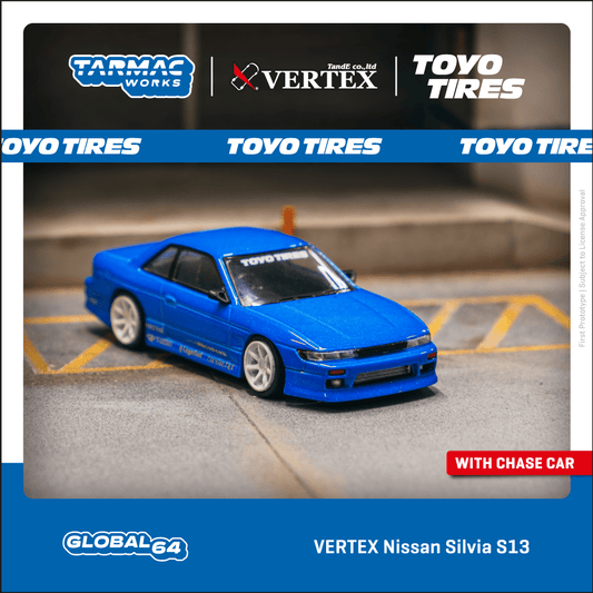 Tarmac Works X VERTEX 1:64 Scale Nissan Silvia S13 Blue Metallic TOYO TIRES T64G-025-BL