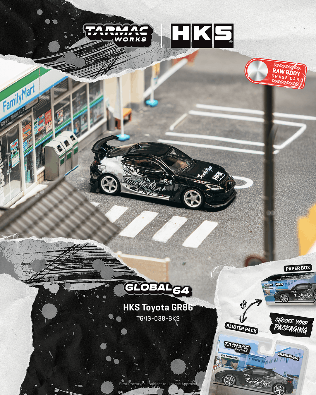 Tarmac Works 1:64 Scale Paper Box HKS Toyota GR86 Black