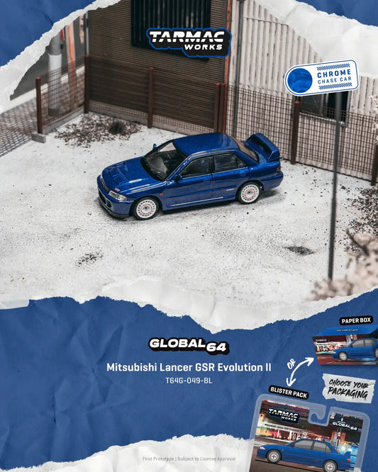 Tarmac Works 1:64 Scale Global64 Mitsubishi Lancer GSR Evolution II Blue T64G-049-BL