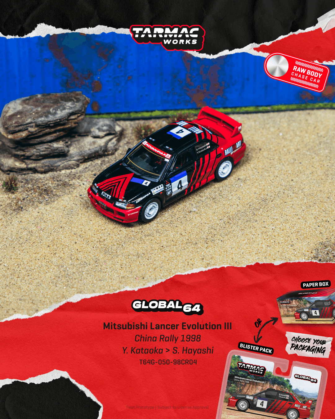 Tarmac Works Global64 Mitsubishi Lancer Evolution III China Rally 1998 Y. Kataoka / S. Hayashi Box package-Tarmac Works-Global64-Mobile Garage HK