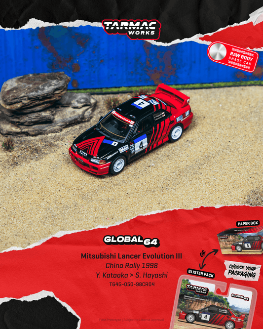 Tarmac Works Global64 Mitsubishi Lancer Evolution III China Rally 1998 Y. Kataoka / S. Hayashi Box package-Tarmac Works-Global64-Mobile Garage HK