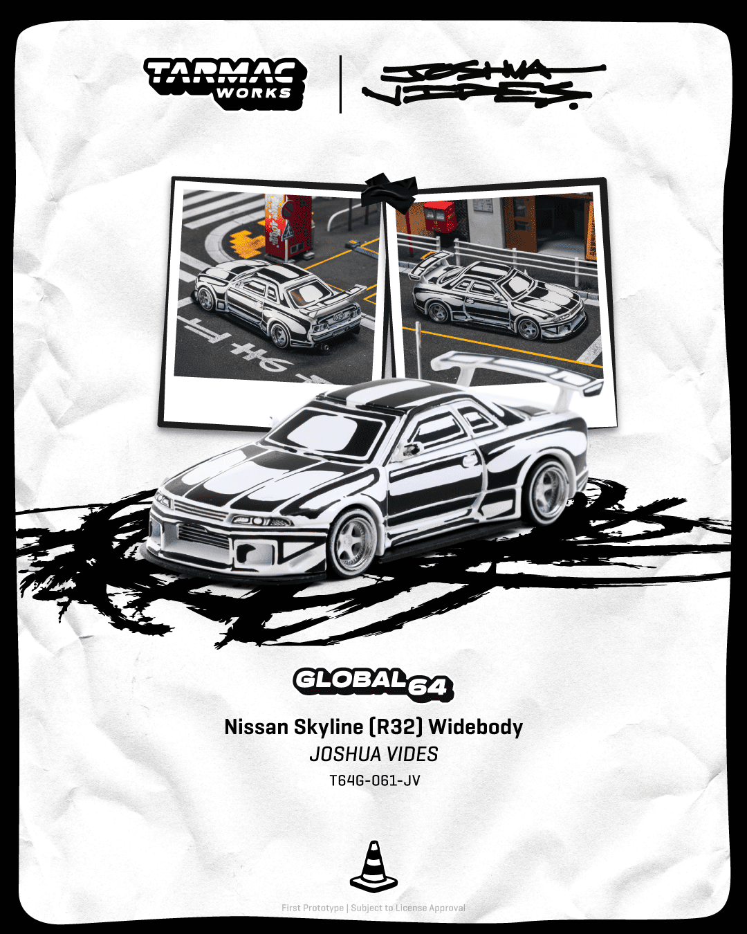 Tarmac Works GLOBAL64 Nissan Skyline R32 Widebody Joshua Vides black and white 1:64 T64G-061-JV