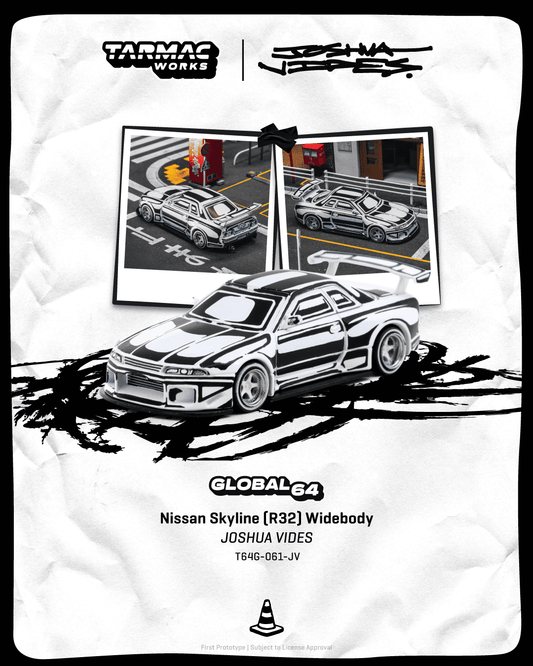 Tarmac Works GLOBAL64 Nissan Skyline R32 Widebody Joshua Vides black and white 1:64 T64G-061-JV