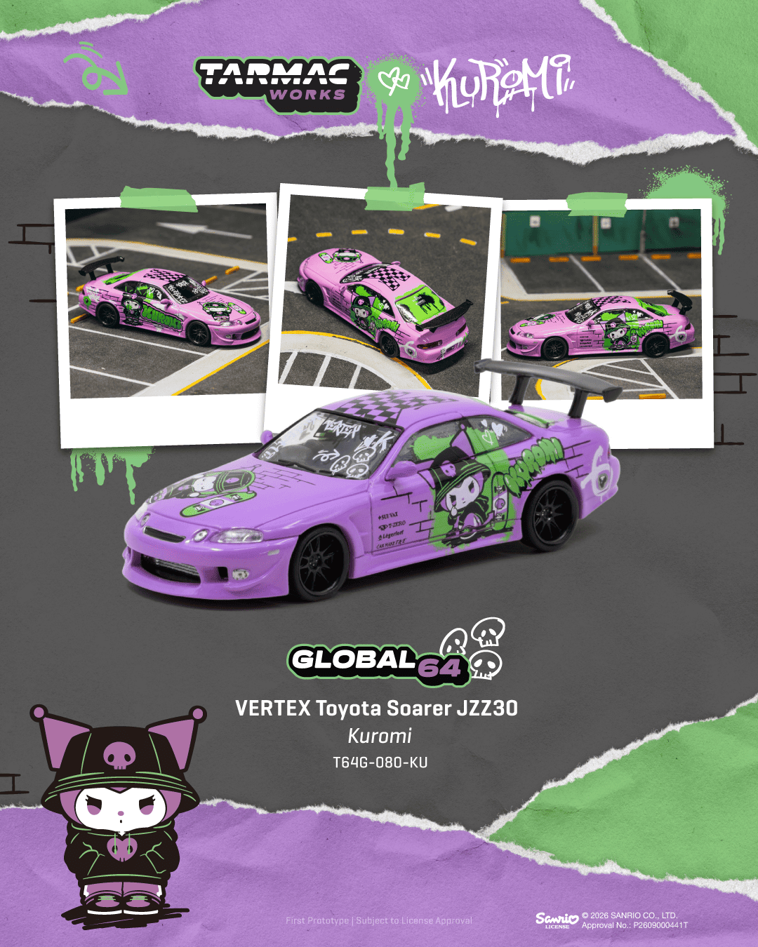 Tarmac Works GLOBAL64 VERTEX Toyota Soarer JZZ30 Kuromi purple 1:64 diecast T64G-080-KU