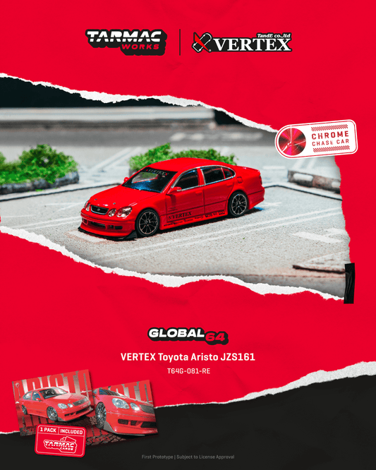 Tarmac Works 1:64 Scale VERTEX Toyota Aristo JZS161 (Red) - Model Car + Trading Cards Combo Set