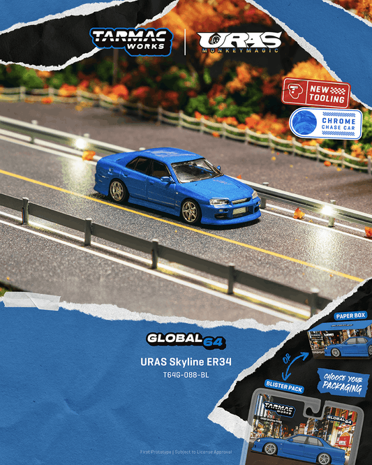 Tarmac Works 1:64 Scale URAS Skyline ER34 Blue Global64 Paper Box