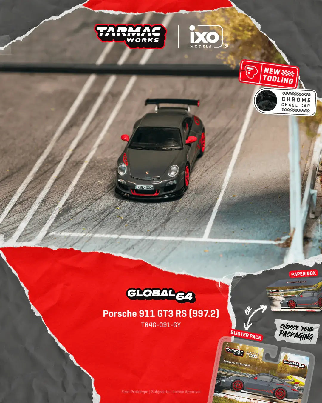 Tarmac Works 1:64 Scale Global64 Porsche 911 GT3 RS (997.2) Grey PAPER BOX