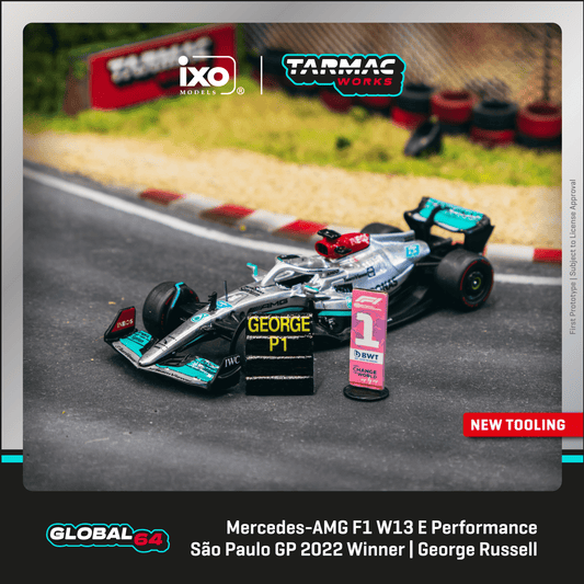 Tarmac Works 1:64 Scale Mercedes-AMG F1 W13 E Performance  Sao Paulo Grand Prix 2022 Winner George Russell