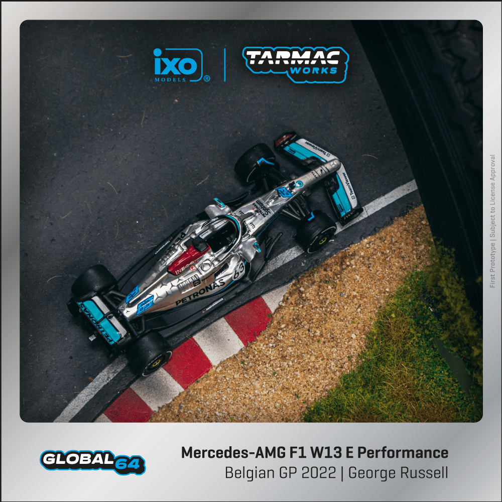 Tarmac Works 1:64 Scale Mercedes-AMG F1 W13 E Performance  Belgian Grand Prix 2022 George Russell