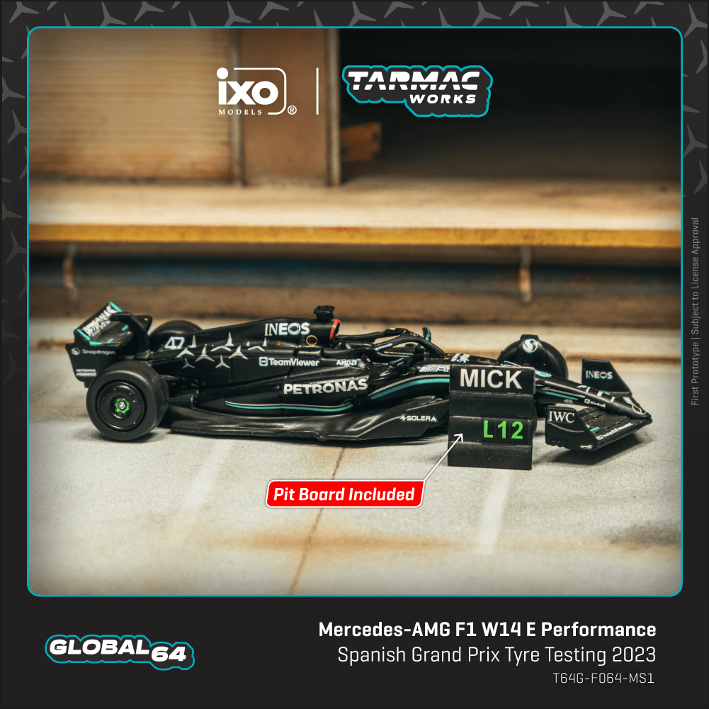 Tarmac Works 1:64 Scale Mercedes-AMG F1 W14 E Performance  Spanish Grand Prix Tyre Testing 2023 Mick Schumacher