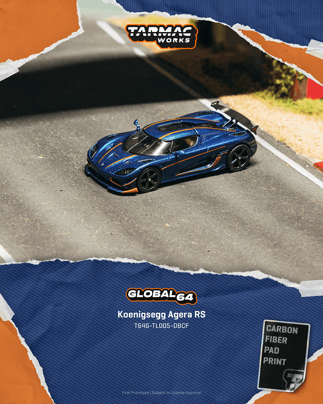 Tarmac Works 1:64 Scale Paper Box Koenigsegg Agera RS Dark Blue Carbon Fiber / Orange Accents