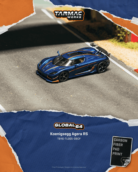 Tarmac Works 1:64 Scale Paper Box Koenigsegg Agera RS Dark Blue Carbon Fiber / Orange Accents