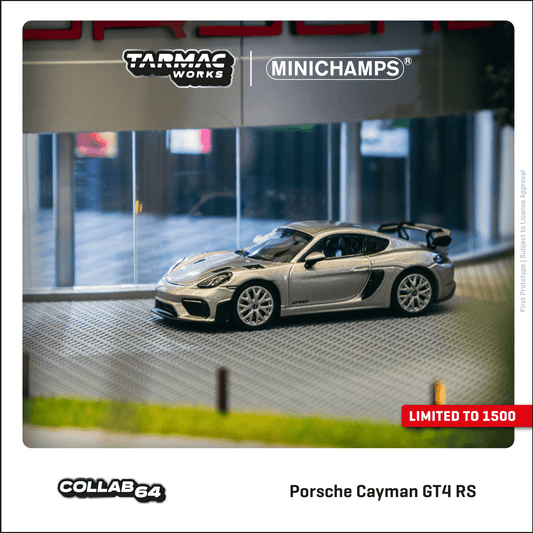 Tarmac Works x Minichamps 1/64 Porsche Cayman GT4 RS GT Silver Metallic