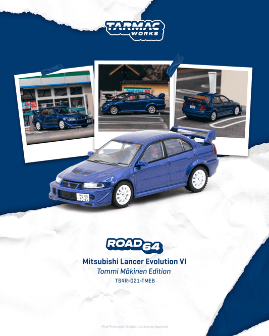 Tarmac Works 1:64 Scale Mitsubishi Lancer Evolution VI Tommi Mäkinen Edition Blue