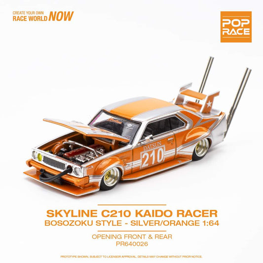 Pop Race 1/64 Nissan Skyline (C210) Kaido Racer Bosozuko Style Silver/Orange